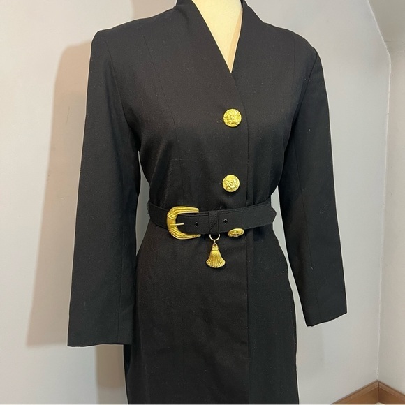 Vintage black long sleeve structured dress bold gold belt ornate buttons retro - Picture 10 of 11